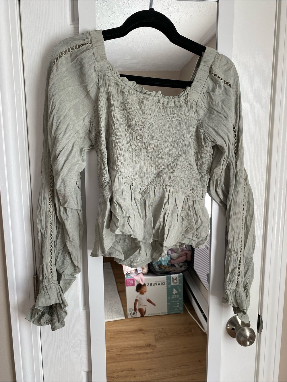 Smocked Sage Green Peplum Blouse with Lace-Trim Sleeves